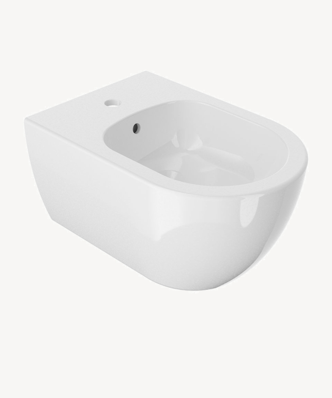 Bidet suspendu Arc en finition blanc brillant, design épuré, trop plein et trou pré percé prévu pour l'installation d'un robinet bidet