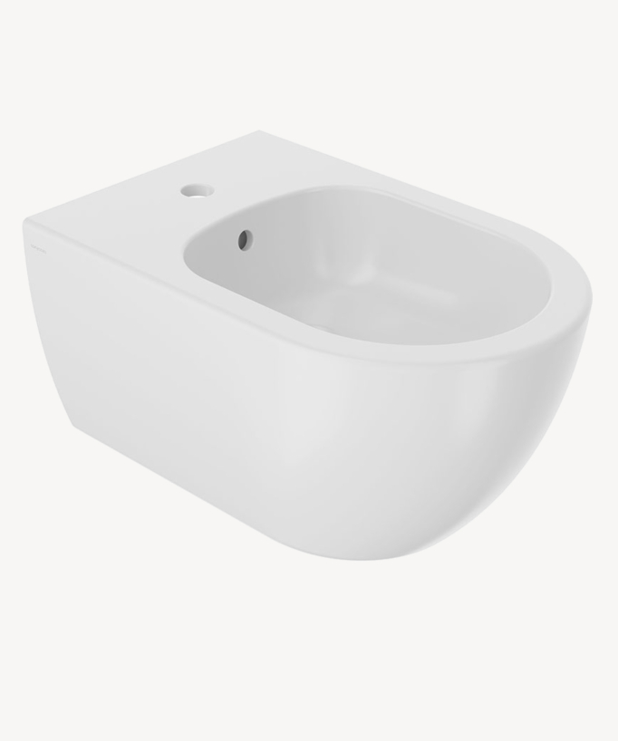 Bidet suspendu blanc mat de la collection Arc, équipé d'un trop plein et muni d'un trou pré percé pour la pose d'un robinet 
