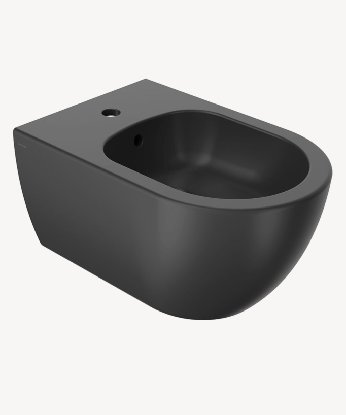 Bidet suspendu noir sans bride, avec trou pré percé pour la pose d'un robinet et trop plein