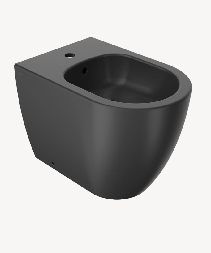 Bidet sur pied en céramique noir mat, design moderne, conçu sans bride, avec trop plein et trou pour la pose d'un robinet 