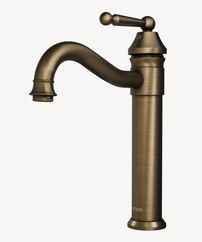 Robinet de lavabo en laiton antique - Rome de la marque Kroos, de type mitigeur, constitué d'un corps rond, d'un bec courbé adaptable à tous les types de lavabos et d'une poignée fine située en haut du robinet 