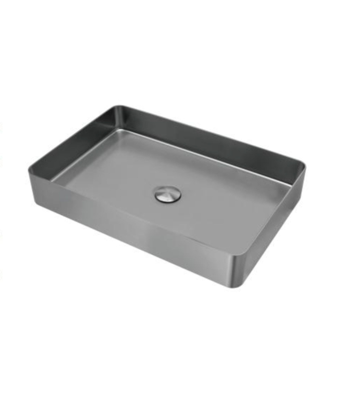 Vasque rectangulaire en acier inoxydable 304,  gun metal, avec la bonde de même finition, sans trop plein, à poser