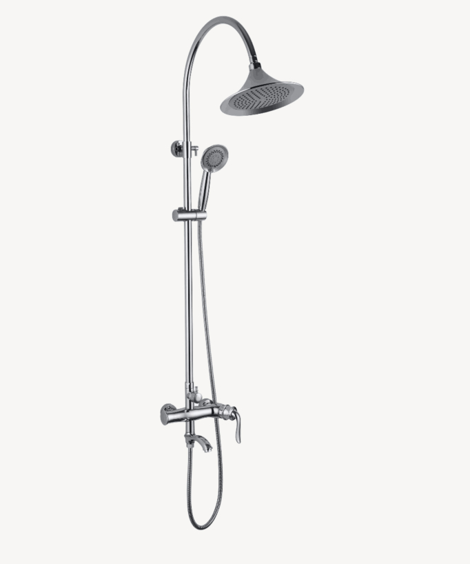 Colonne bain douche chromé avec pommeau en forme de cloche, douchette à main ronde, mitigeur monocommande et bec de bain