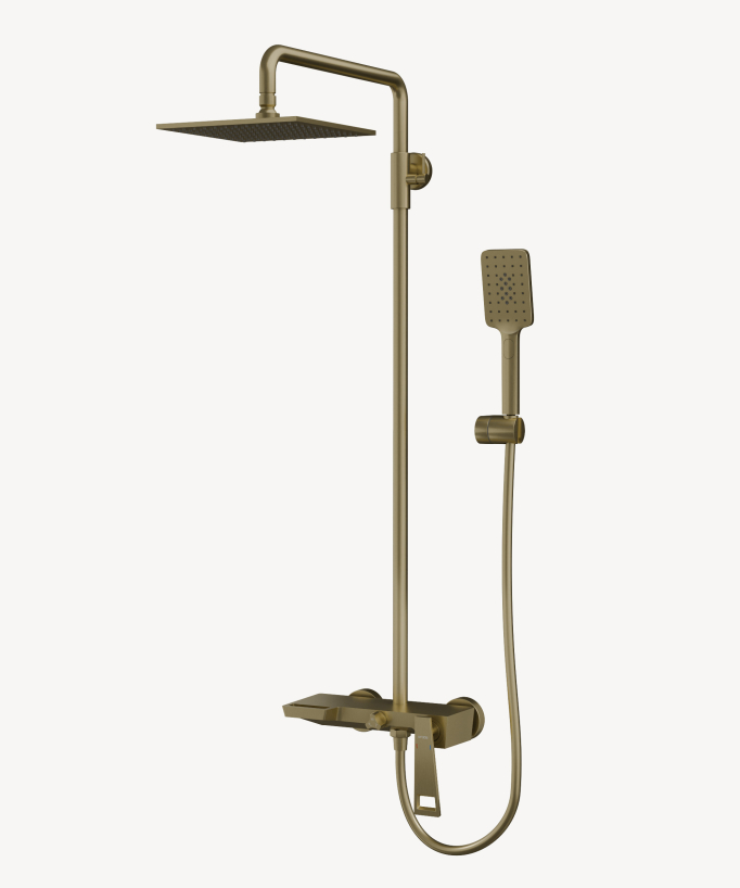 Colonne de douche et bain moderne doré brossé avec pomme de douche carrée, support douchette mural, poignée unique et flexible en PVC

