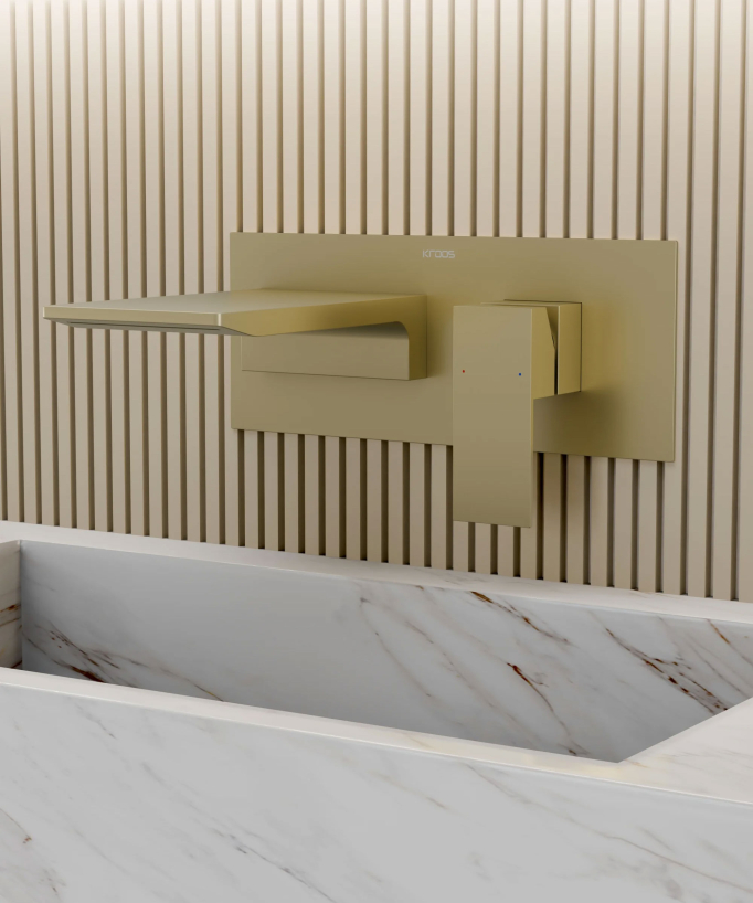 Vue agrandie du mitigeur lavabo mural cascade Doré brossé - Thilia 