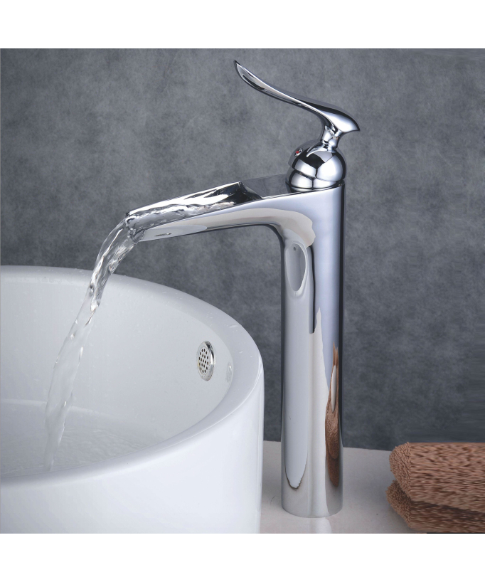 Robinet mitigeur lavabo surélevé Chromé contemporain aux lignes courbes bec long et droit