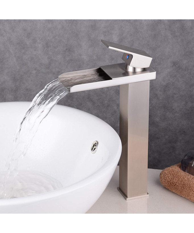 Robinet mitigeur lavabo surélevé Nickel brossé contemporain aux lignes rectilignes bec long et droit