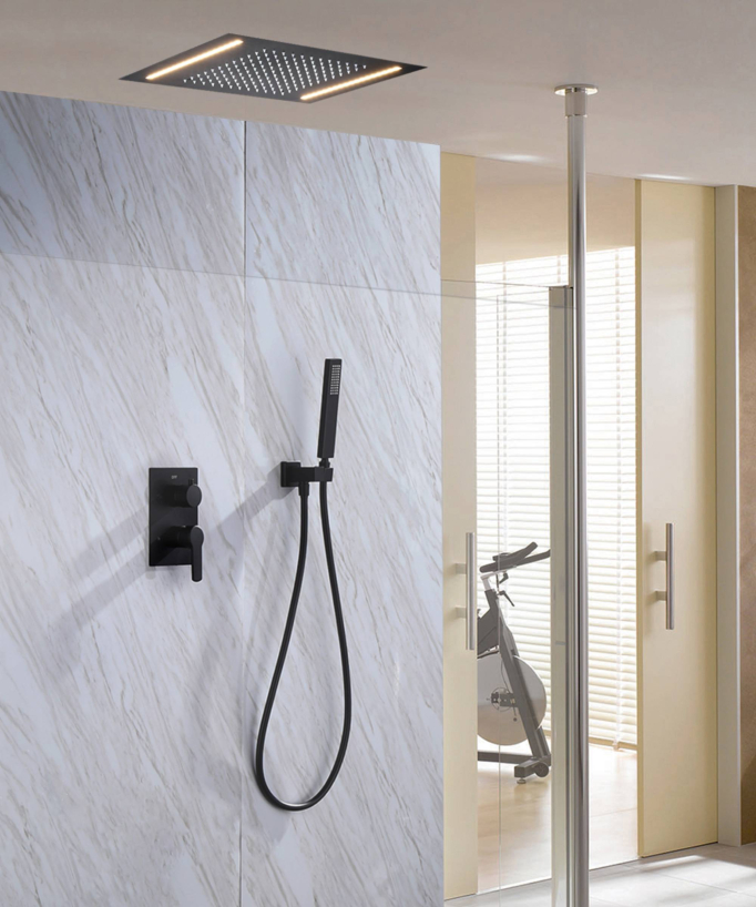 Composition douche complet noir mat encastré led laiton 