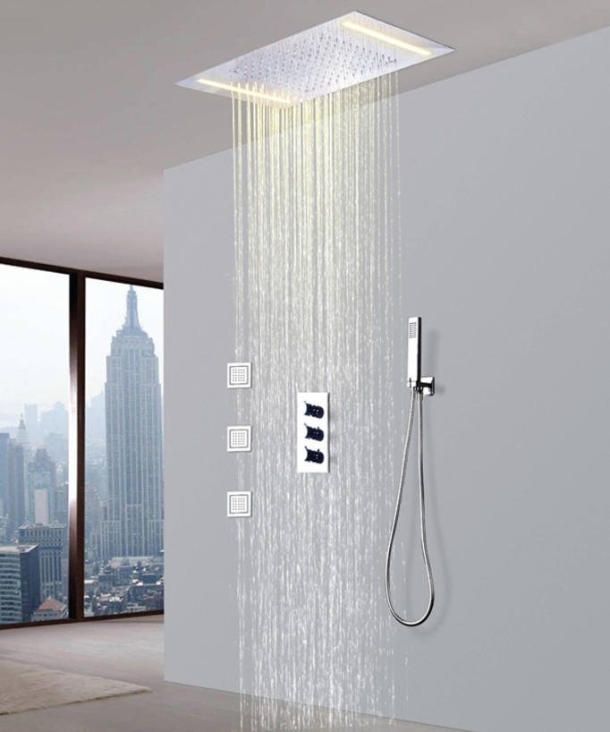 Robinet de douche thermostatique avec tête de douche encastrable au plafond - Chromé