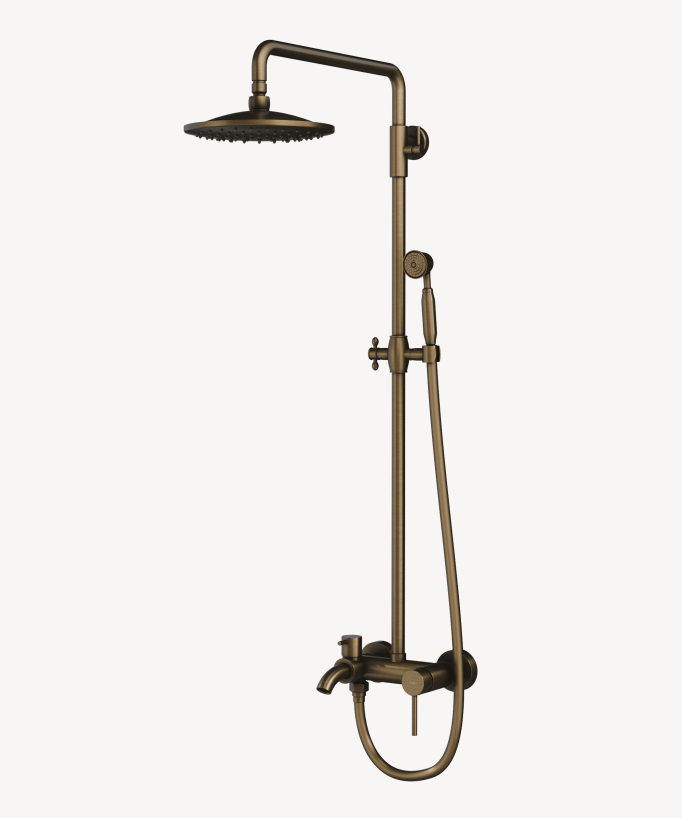 Colonne de douche en laiton antique avec douche à main et bec verseur
