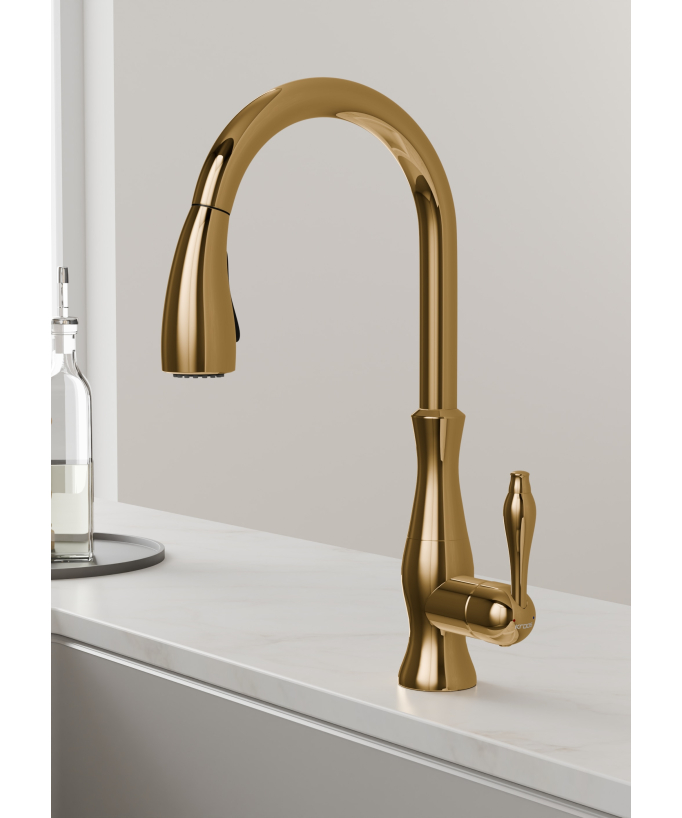 Mitigeur de cuisine moderne avec douchette et tuyau extractible nickel brossé
