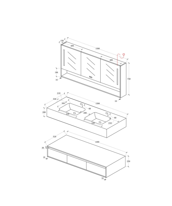 Ensemble de salle de bain double vasque avec miroir Gris - Madras -150 cm