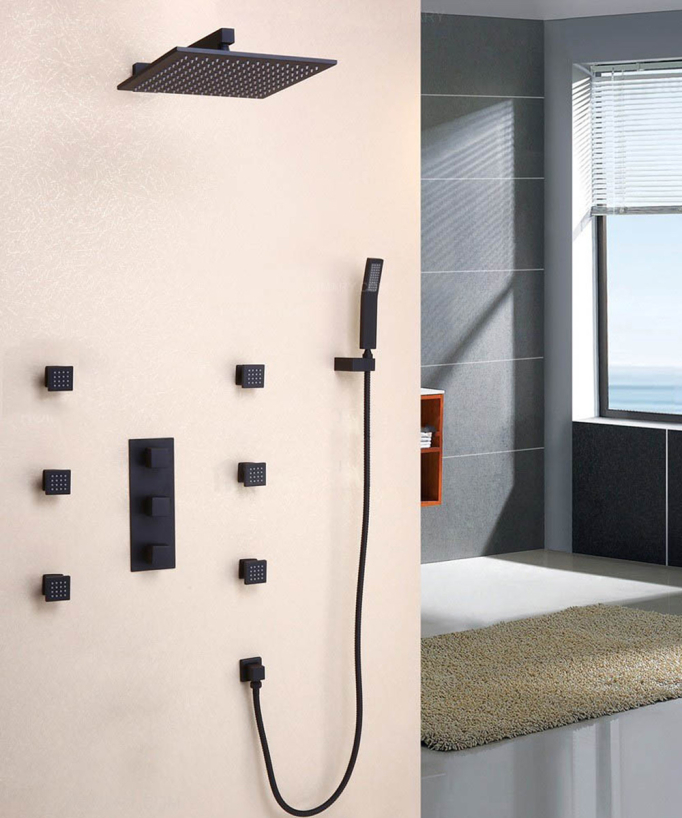 Ensemble de douche thermostatique mural en laiton massif fini en noir uni