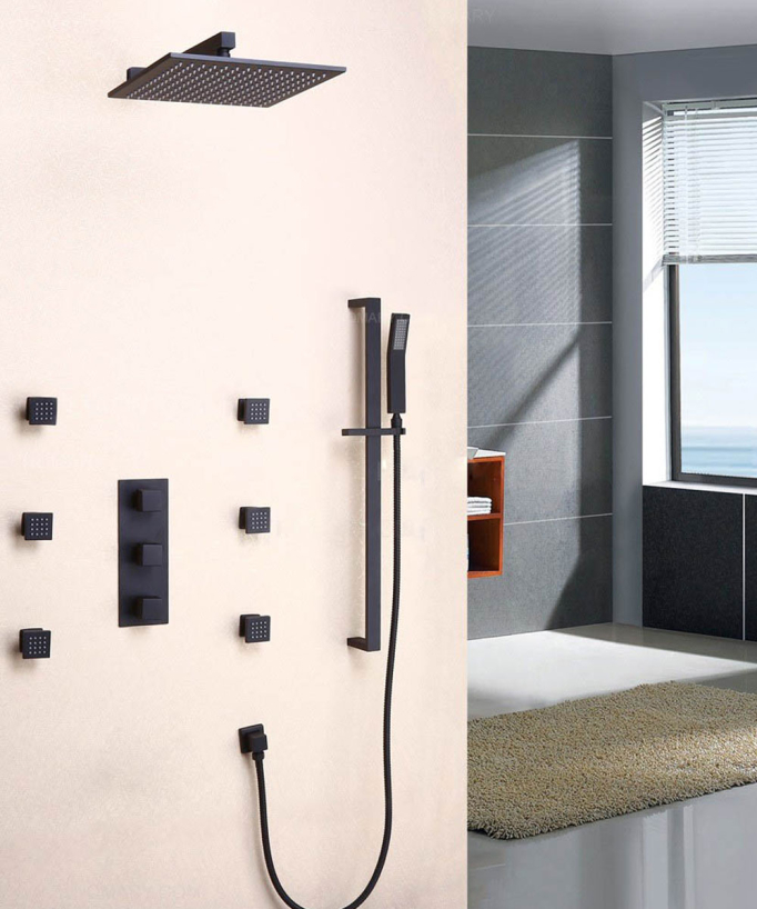 Ensemble de douche thermostatique mural en laiton massif fini en noir uni 300 mm