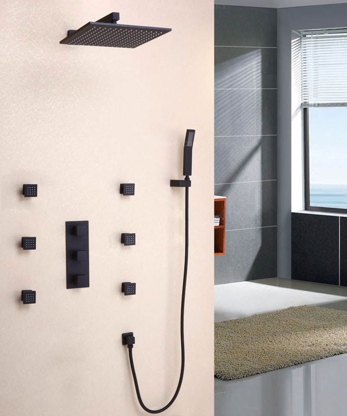 Ensemble de douche thermostatique mural en laiton massif fini en noir uni 250 mm