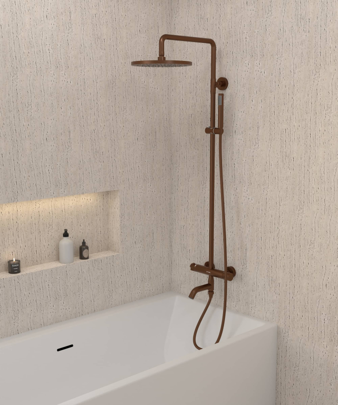 Colonne bain douche thermostatique de 1280 mm avec pommeau 200 mm et douchette à main, finition or rose brossé