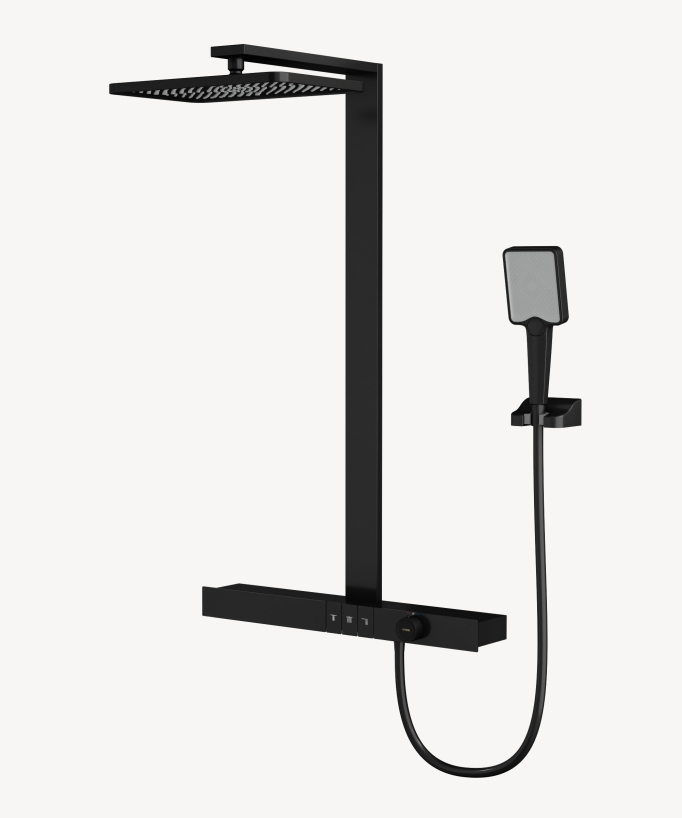 Colonne de douche thermostatique avec tablette gun métal, une poignée, 3 commandes, support douchette mural et grand pommeau de douche pluie
