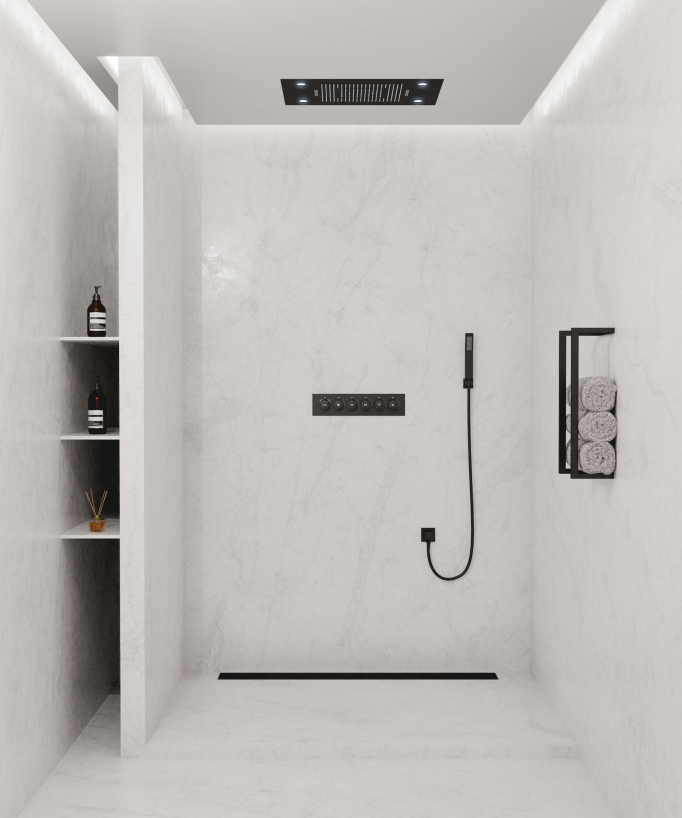 Composition de douche thermostatique avec ciel de pluie LED et chromothérapie - 80x60 cm