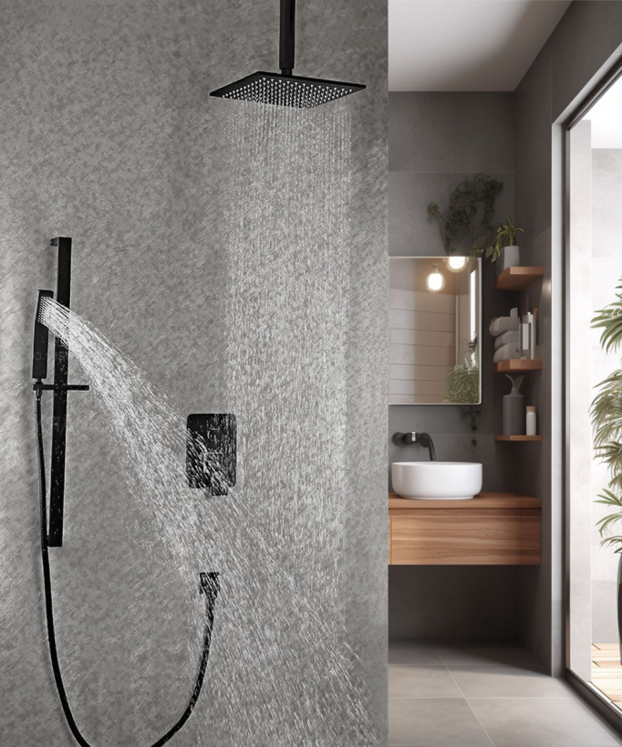 Tête de douche à fixation au plafond et système de douchette à glissière en noir 250 mm